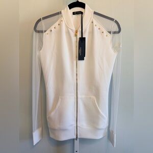 Versace White Zip Jacket with Mesh Sleeves and Gold Hardware Medusa Studs